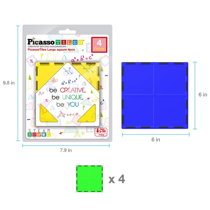 PicassoTiles - Wholesale Toy Set - Kids - PicassoTiles 4pc Large Square Magnet Tiles Expansion Pack