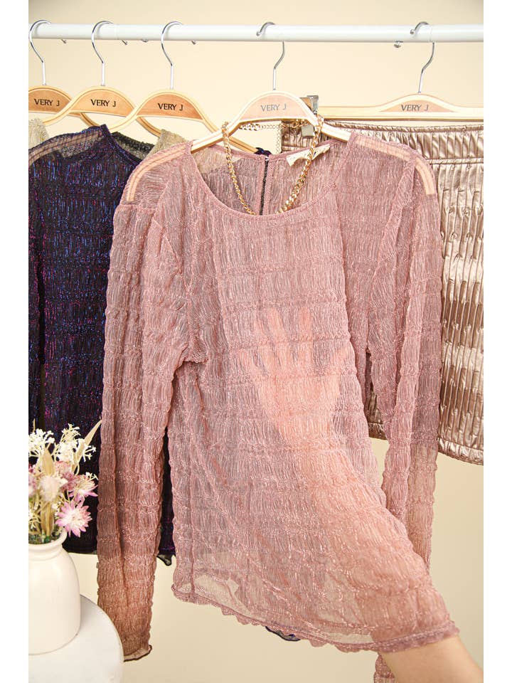 VERY J - Wholesale Blouse - Women's - NT11944-High Neck Fitted See-Thru Lurex Top