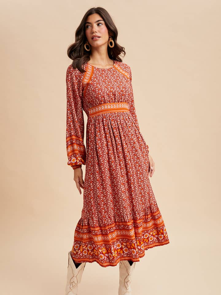 FLORAL BORDER PRINT BOHO MIDI DRESS for wholesale by In Loom