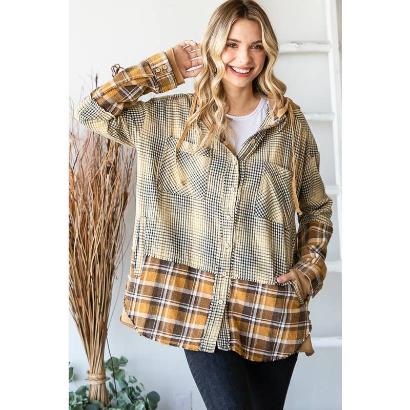 CAMEL COMBO WASHED PLAID MIXED HOODED BUTTON FRONT SHACKET for wholesale on Faire5