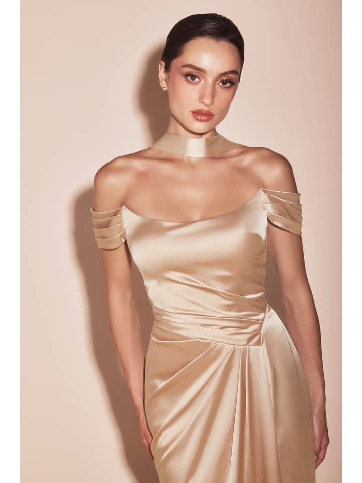 Ladivine by Cinderella Divine - Wholesale Dress - Women's - OFF THE SHOULDER LACE UP CORSET SATIN GOWN