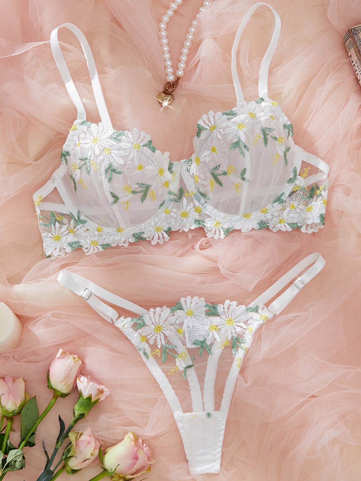 White Ladies Embroidery Daisy Bra Thong 2PCS Lingerie Set SKLG4001 for wholesale on Faire0