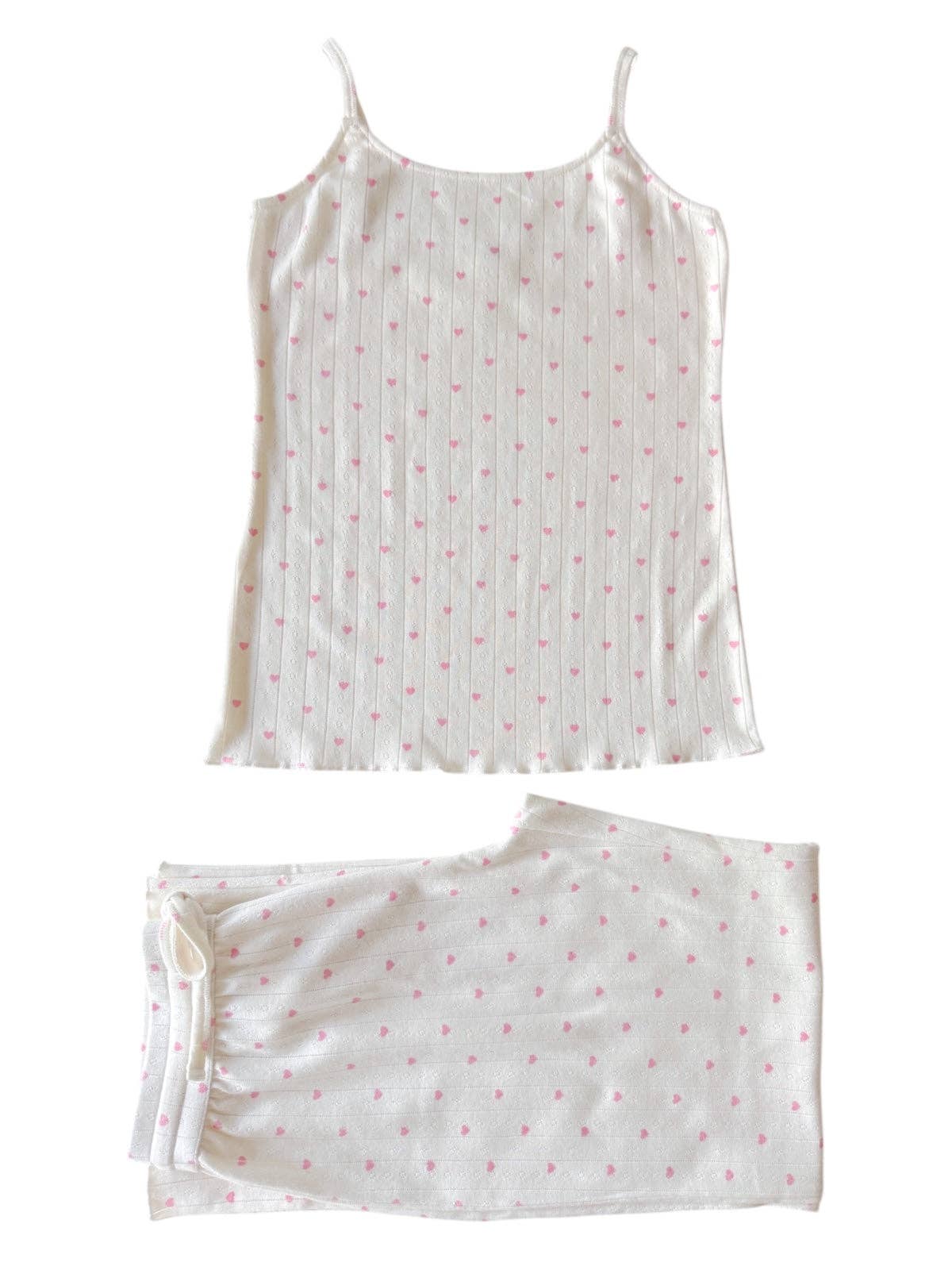 SIIX Collection - Wholesale Lounge Set - Women's - White with Pink Heart / Organic Pointelle Women's Cami Lounge Set2
