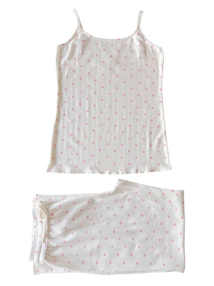 SIIX Collection - Wholesale Lounge Set - Women's - White with Pink Heart / Organic Pointelle Women's Cami Lounge Set2