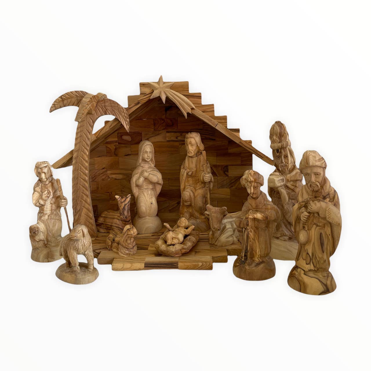 Holy Land Imports – Großhandel Weihnachtskrippen-Deko – Luxuriöse Krippe aus Olivenholz mit 3D-Palmenstall0