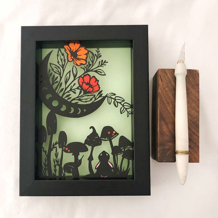 Squirrel Tacos Papercuts - Wholesale Art Print - Framed Hand Cut Paper Art - Crescent Moons and Cotton Tails0