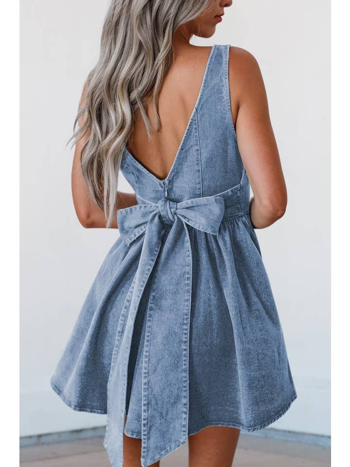 Aapparella - Wholesale Dress - Women's - Square Neck Bowknot Back Sleeveless Denim Dress | S-XL