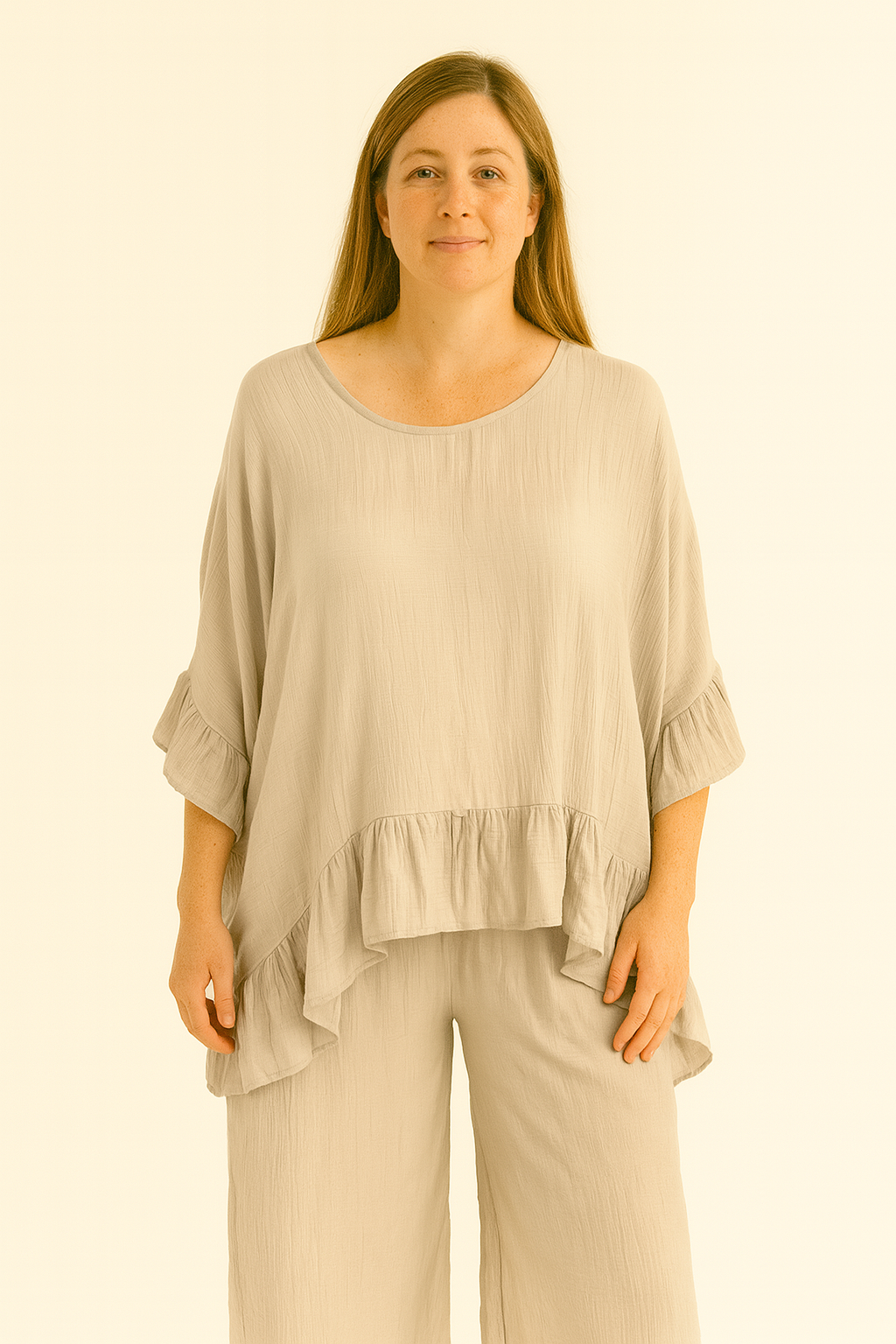 Lucy Sparks – Conjunto de top e calça (roupa NÃO Casual) - Mulher por atacado – CONJUNTO PLUS SIZE DE TOP E CALÇAS COM BAINHA FRANZIDA4