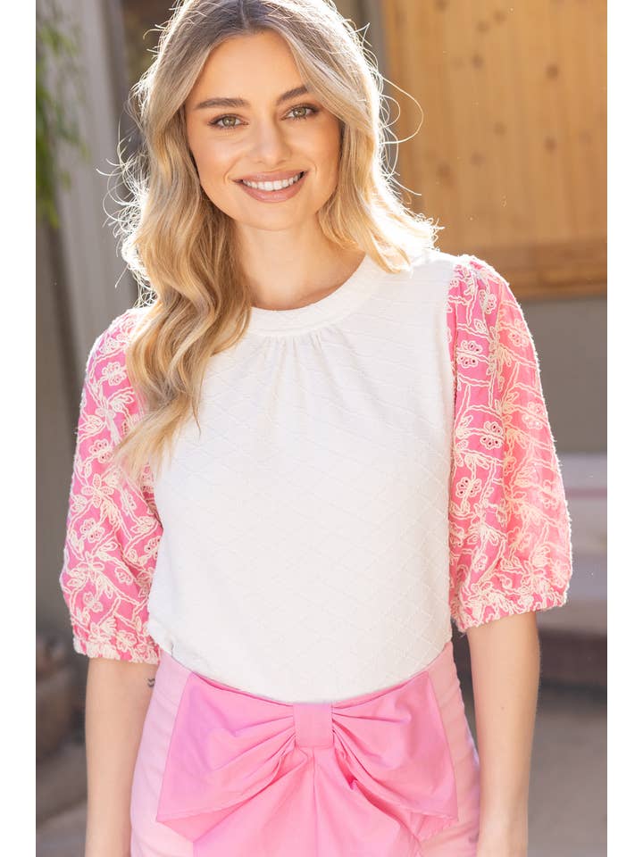 VOY - Wholesale Blouse - Women's - 35237 Floral Embroidered Sleeve Textured Knit Top