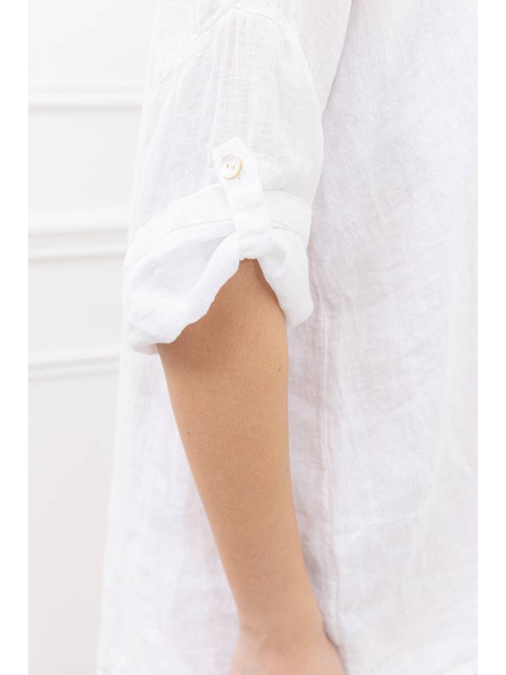 Happy look – Camisa com botões no colarinho – Mulher por atacado – Camisa folgada de linho com mangas dobráveis12