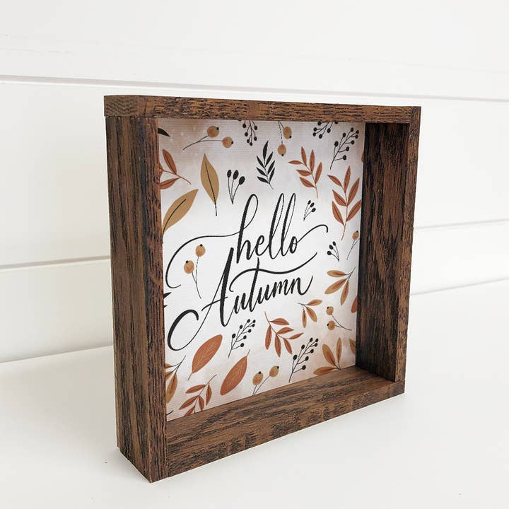 Hangout Home - Wholesale Sign - Hello Autumn Small Wood Sign with Walnut Frame1