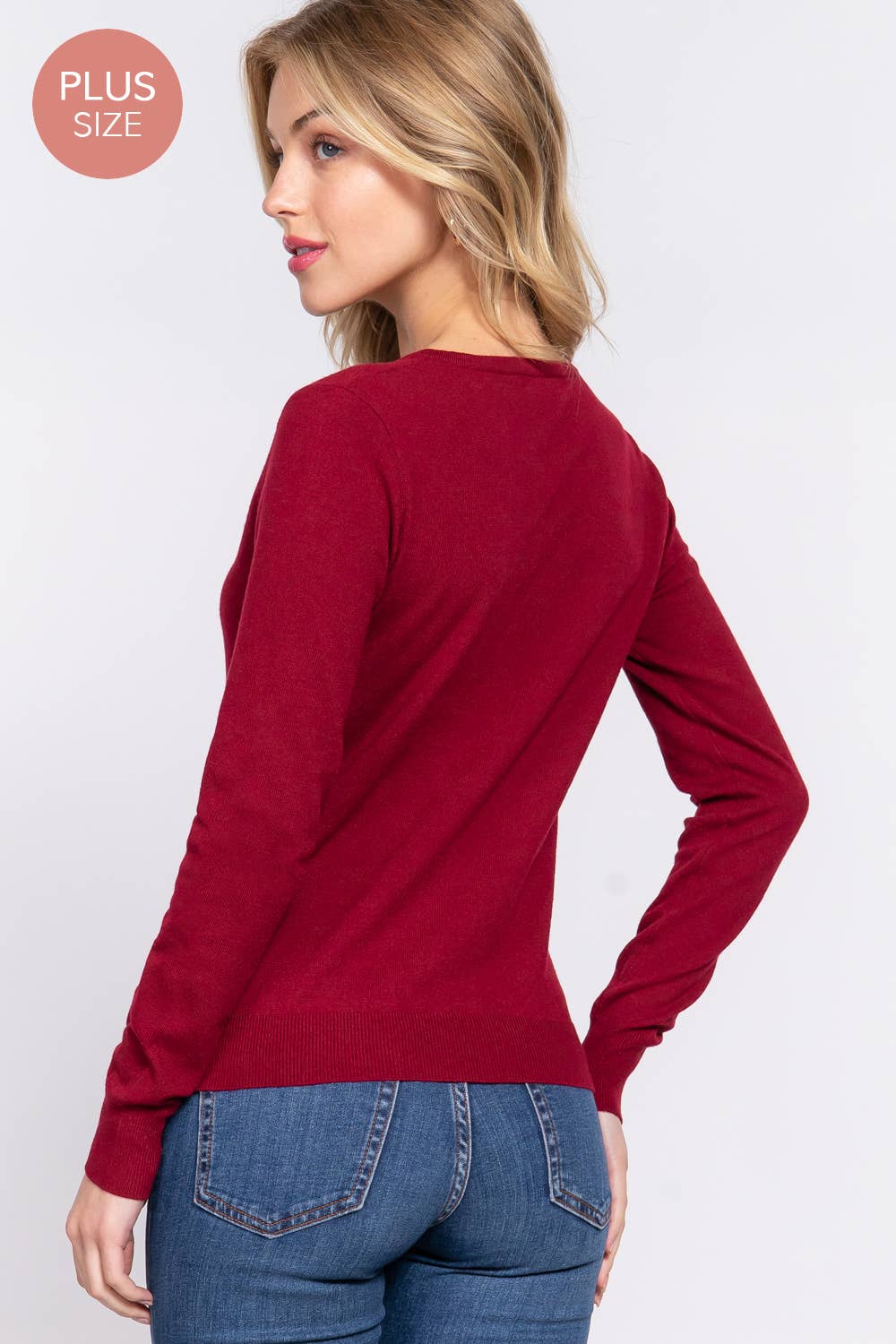 Active Basic | Active USA - Wholesale Knit Sweater - Women's - [PLUS SIZE] Long Sleeve V-neck Basic Sweater1
