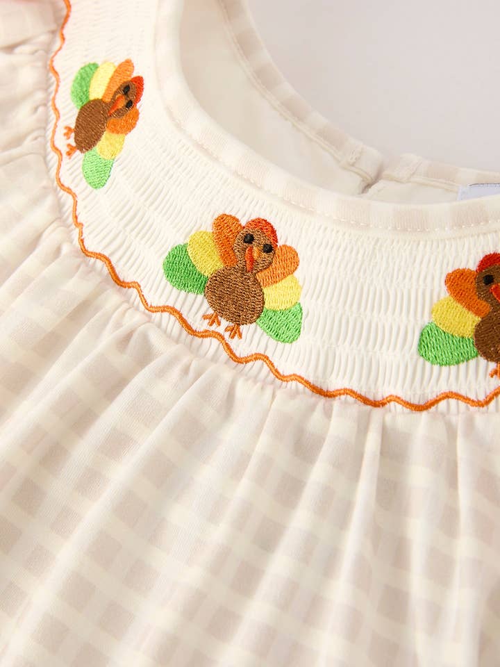 Rylee Faith Designs – Engroshandel Kjole - Baby – Efterår Thanksgiving Abrikosternet Kalkun Broderi Smock Baby Pige Kjole2