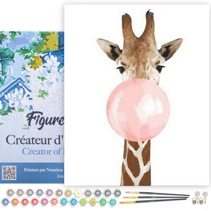 Paint by numbers giraffe met zeepbellen in lijst voor wholesale door Figured'Art