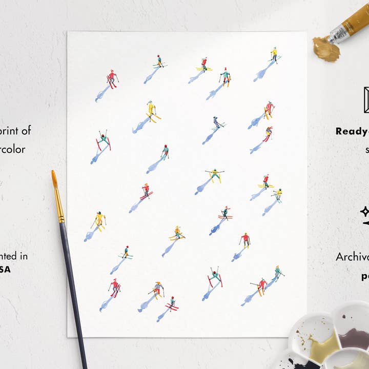 Watercolor Wednesday | Adventure Art & Stationery - Wholesale Art Print - Vintage Alpine Skiers | Minimalist Watercolor Art Print