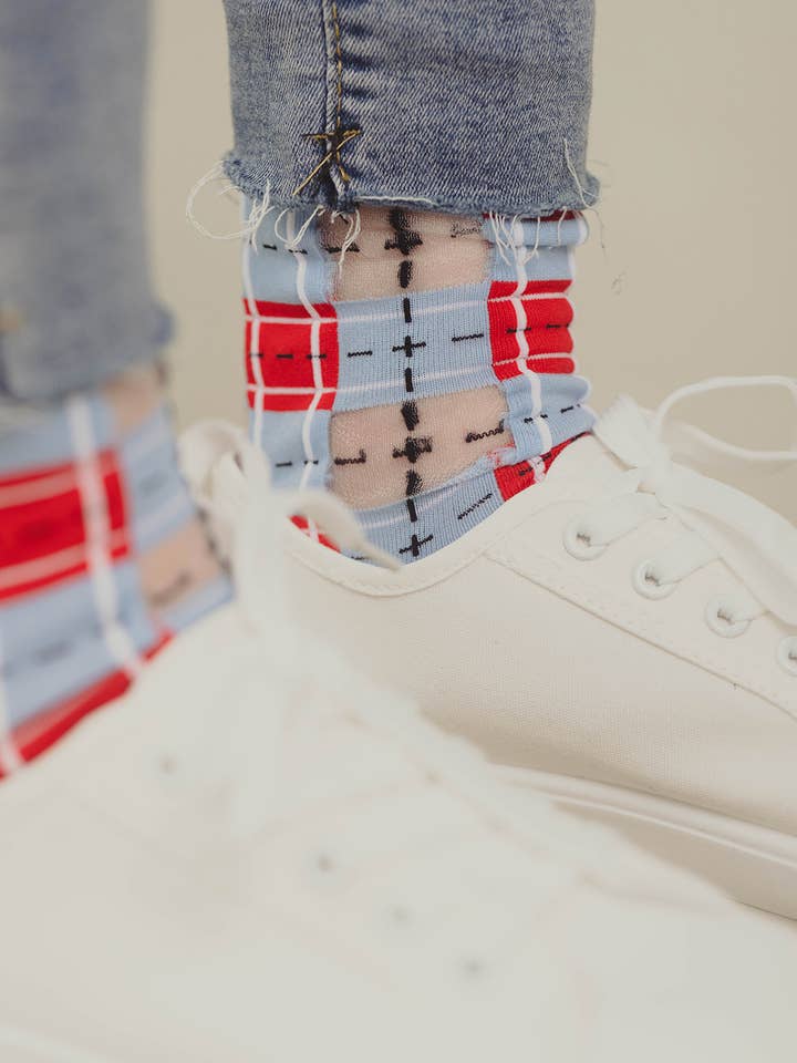 PAPERSELF - Wholesale Socks - Women's - Tartan Sheer Socks - Blue & Red
