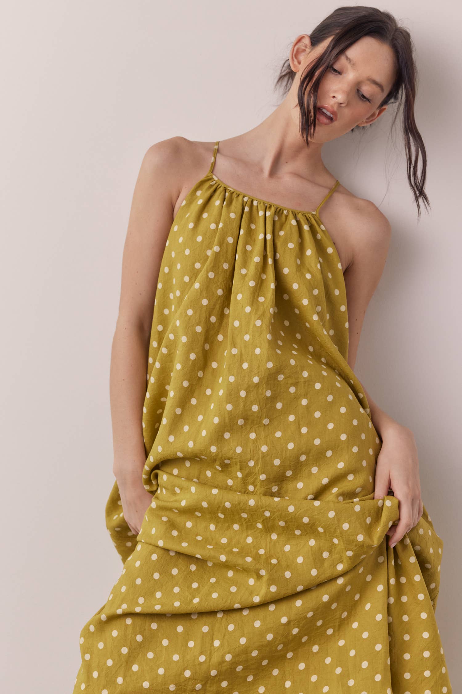 Moss Linen Polka dot back tie ankle dress for wholesale on Faire