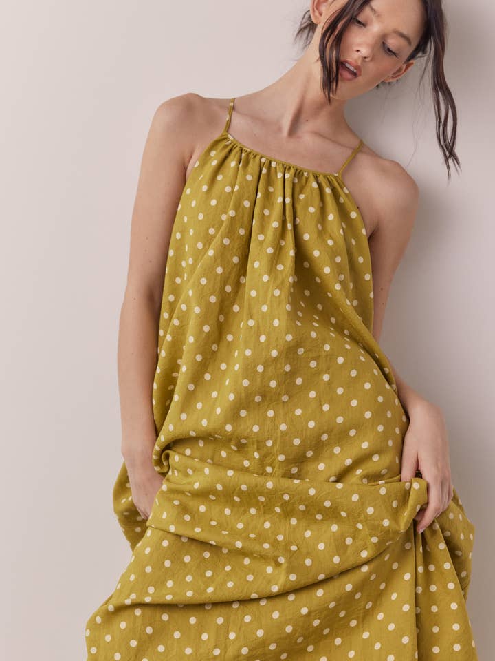 Moss Linen Polka dot back tie ankle dress for wholesale on Faire0
