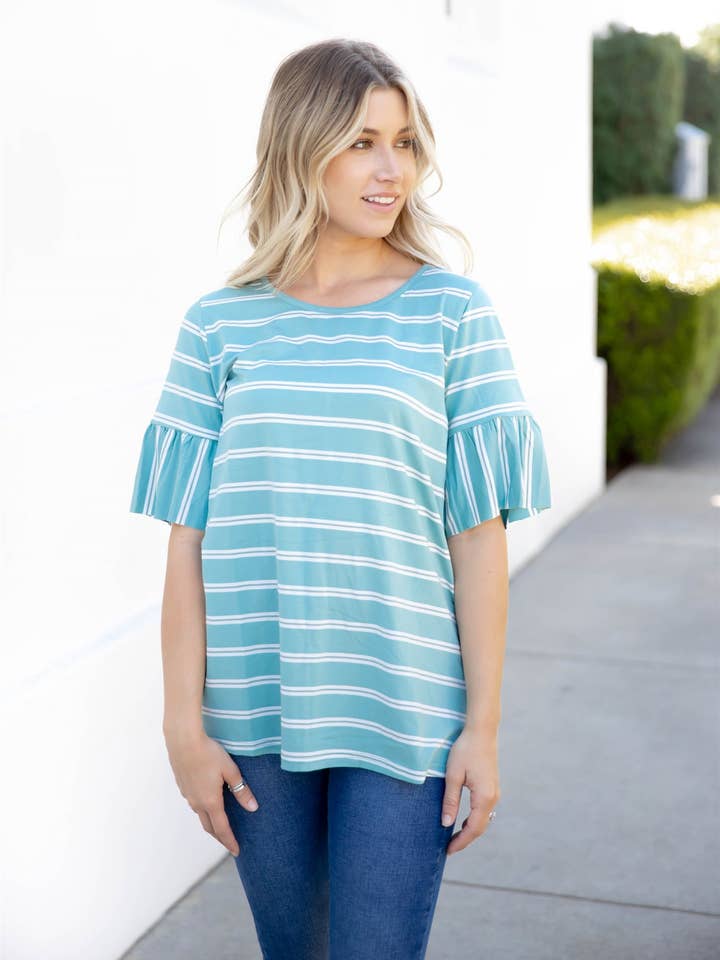 Tickled Teal - Vente Chemisier – femme - Haut Aleigha à manches évasées en forme de rayures3