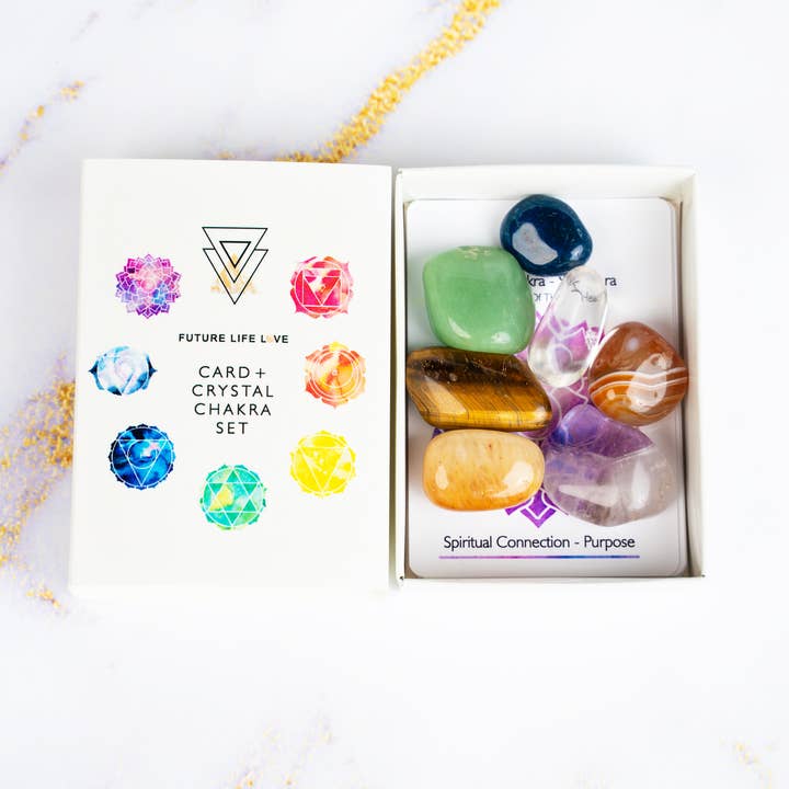 Chakra Card Set With 8 Cards and 7 Crystal Set White Box for wholesale on Faire8