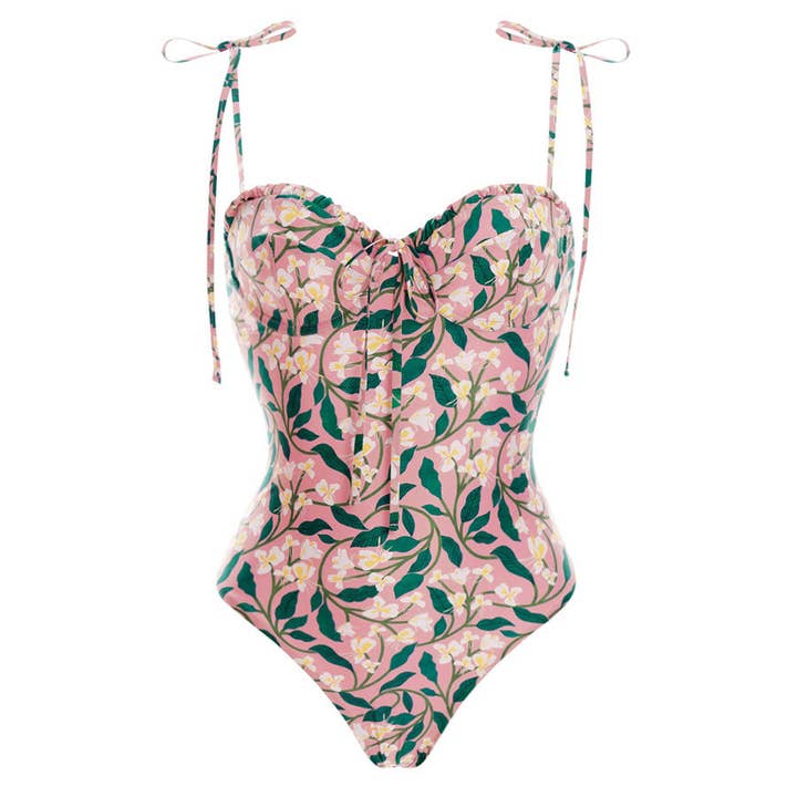 Pink Floral Print Tied Strap Spaghetti Strap One Piece Swimsuit for wholesale on Faire