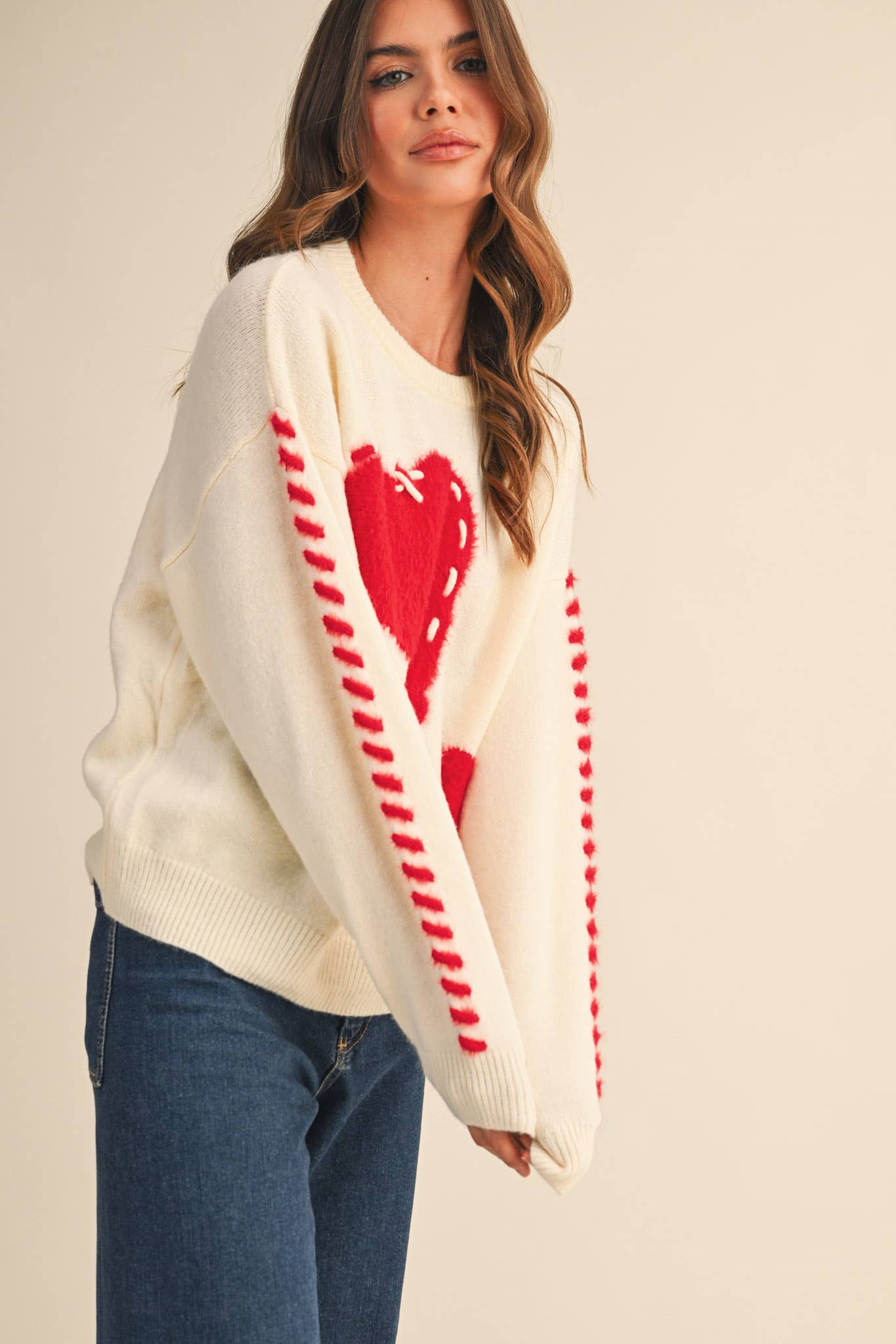 &MERCI - Wholesale Knit Sweater - Women's - FUZZY HEART KNIT SWEATER WITH WHIP STITCH MSW1099013