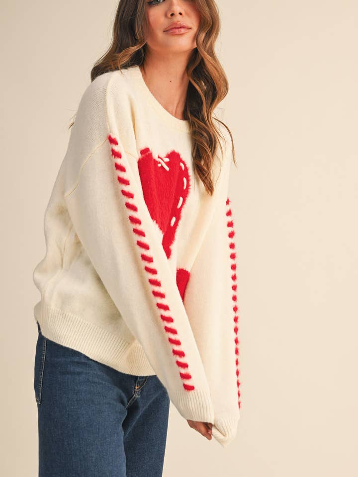 &MERCI - Wholesale Knit Sweater - Women's - FUZZY HEART KNIT SWEATER WITH WHIP STITCH MSW1099013