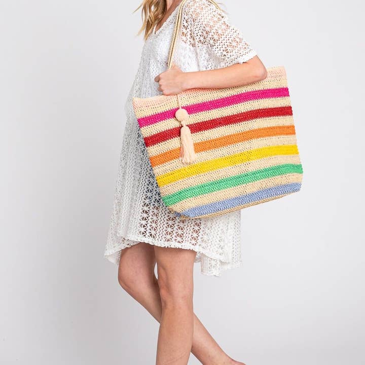 MiMi Wholesale - Wholesale Tote Bag - Women's - Amara Striped Crochet Women's Tote Bag with Tassel3