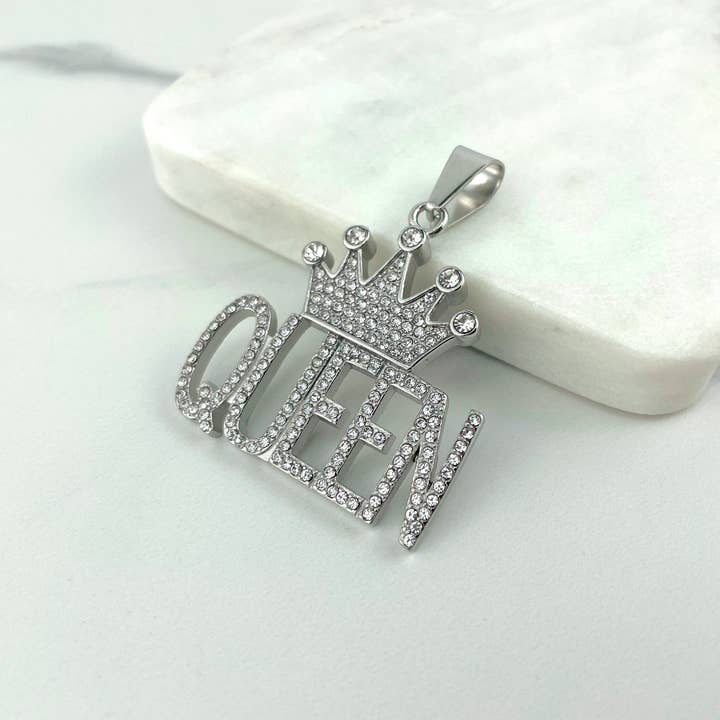 DIJU Jewelry - Wholesale - Gold Plated On Stainless Steel Cubic Zirconia Queen with Crown Pendant, Gold or Silver, Hip Hop, Wholesale Jewelry Making Supplies2