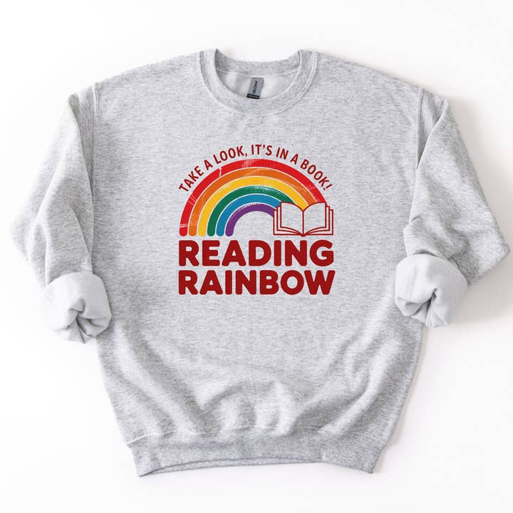 Take a Look It's in a Book Reading Rainbow Comfy Crew Sweatshirt for wholesale by Fuzzy Loon Designs