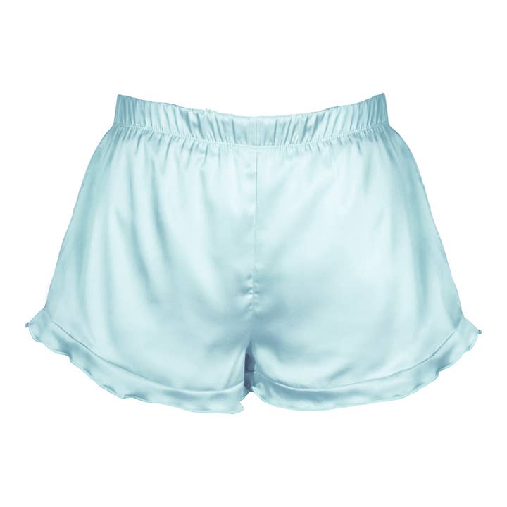 Sea Glass Satin Ruffle Shorts for wholesale by Amanda Blu
