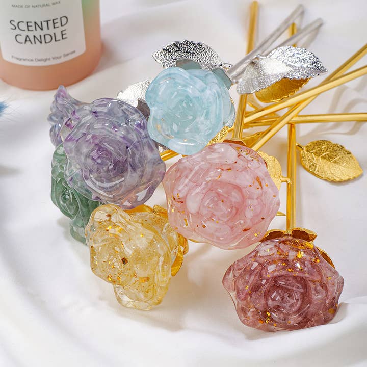 Crystolver - Wholesale Decorative Tabletop Object - Crystal Gravel Chips Rose Flower Ornament