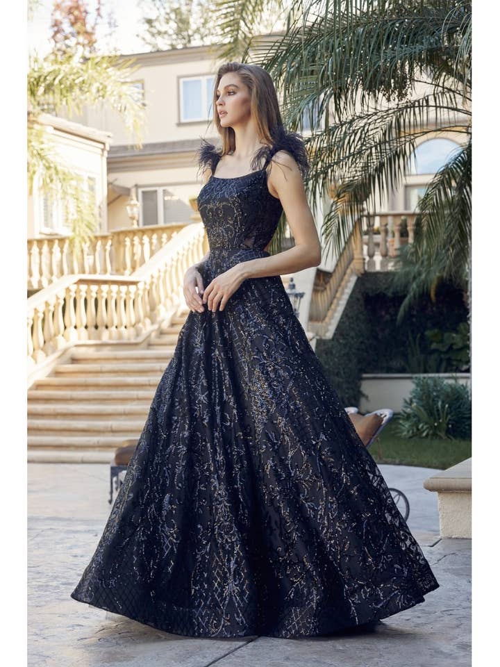 FEATHERED CAP SLEEVE PATTERNED SEQUIN PROM GOWN for wholesale by Juliet