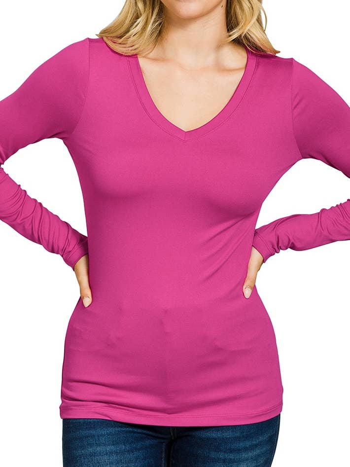 Brushed Microfiber Long Sleeve V-neck Tee for wholesale by Vanilla Monkey