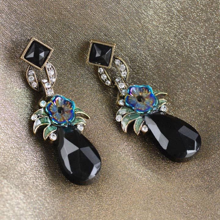 Art Deco Jet Drop Czech Flower Earrings E892 for wholesale by Sweet Romance Jewelry
