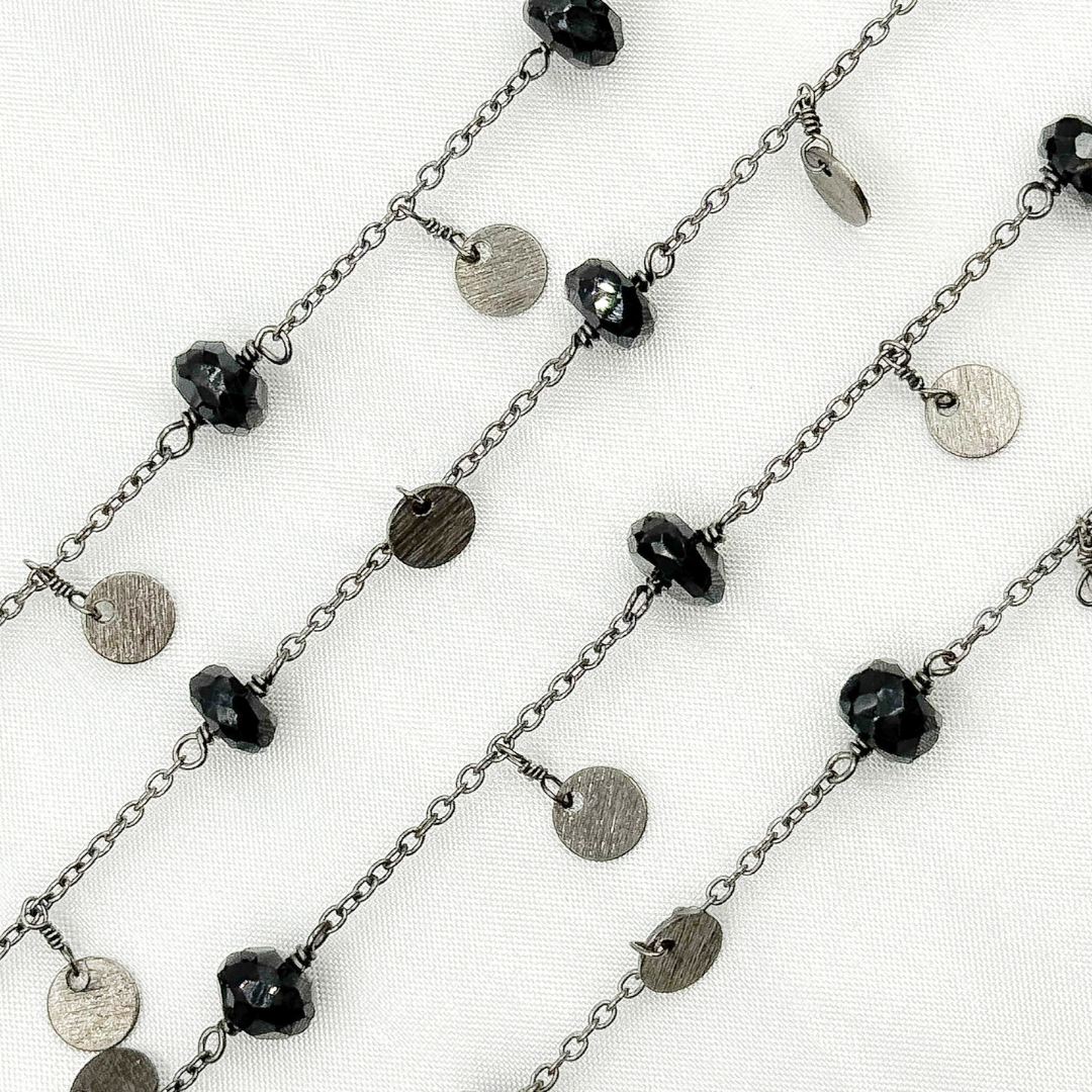 Jewels & Chains - Wholesale Link & Chain Necklace - Black Spinel and Dangle Disc Oxidized Wire Chain. BSP351