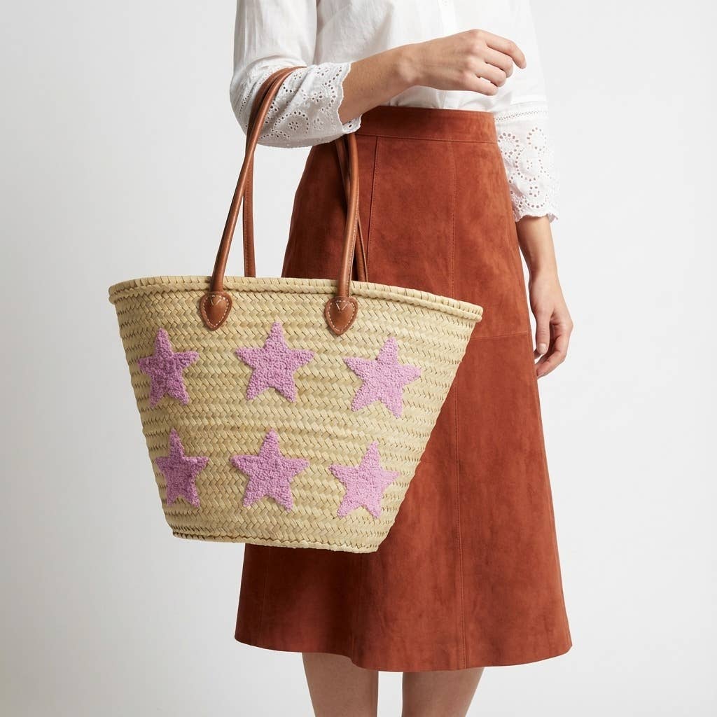 Melecraft – wholesale Strandväska – Rosa Paljettstjärna Stråmarknadskorg - Boho Strandväska1