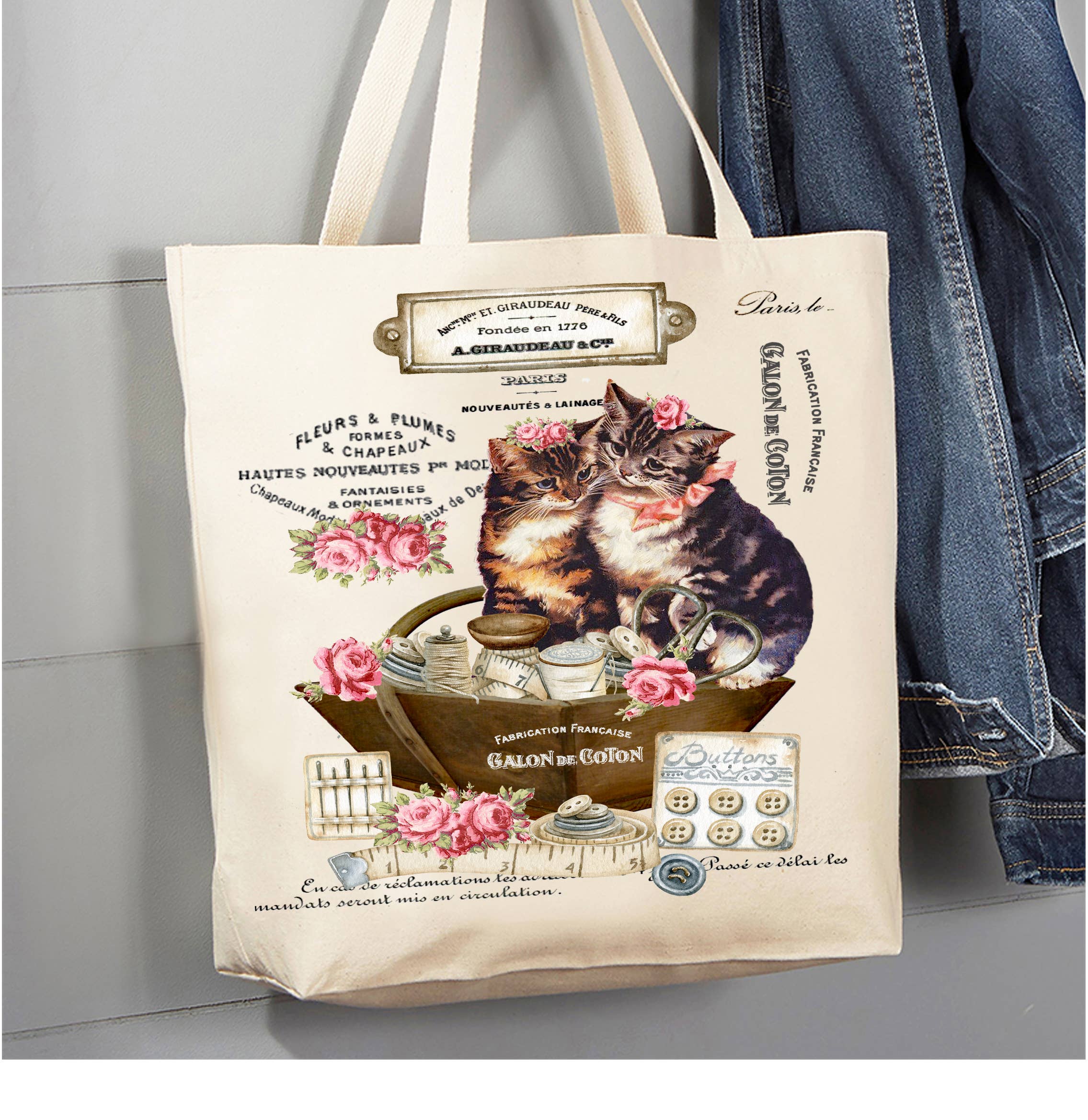 Wholesale Country Vintage Fench Kittens Cats Canvas Tote Bag for