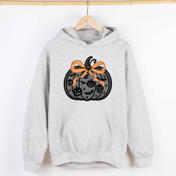 Halloween Pumpkin, Faux Lace, Coquette, Ribbon, Bows Hoodie for wholesale by Refinery Number One LLC