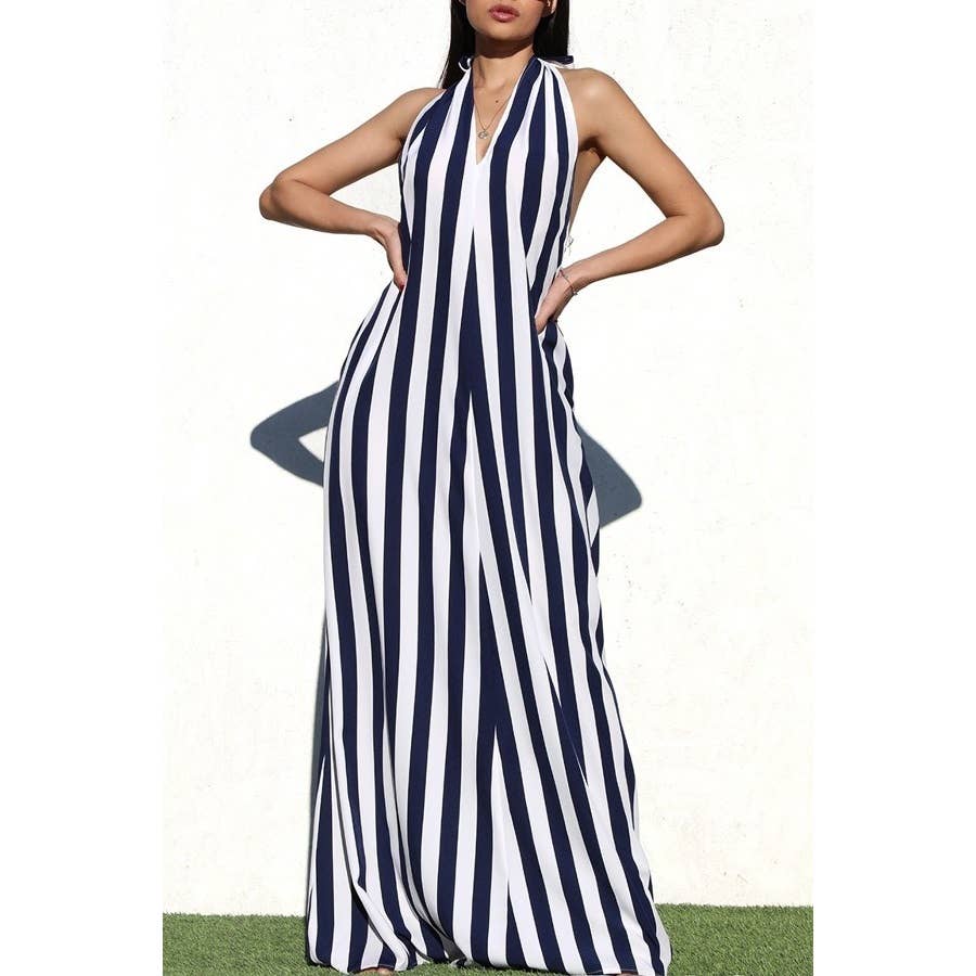 Esmeray Clothing - Wholesale Dress - Women's - Striped Halter Neck Maxi Dress with Side Pocket4