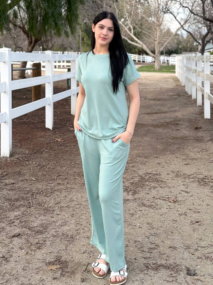 Ribbed Matching Top and Pants with Pockets - Made in USA for wholesale by 24-Hrs Fashion