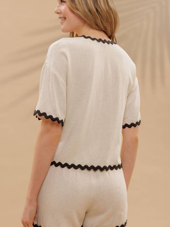 OATMEAL CONTRAST WAVY TRIM FRONT TIE TOP & LINEN SHORT SET for wholesale on Faire
