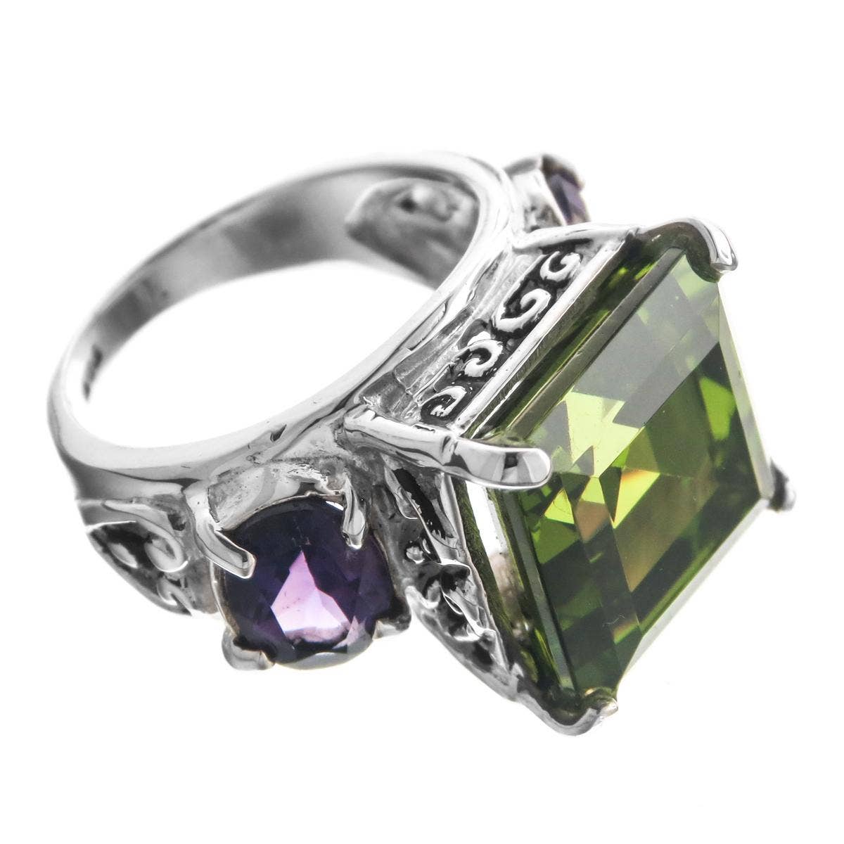 FifiRose - Vente Bague de cocktail/de cérémonie - bague cocktail visage en argent sterling 925 avec péridot et améthyste3