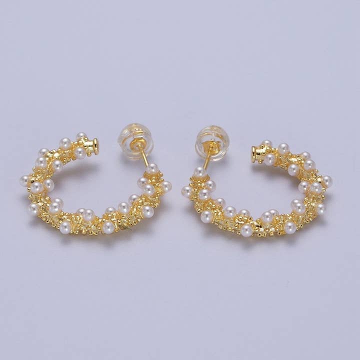 24K Gold Filled White Pearl Beaded C-Shaped Stud Hoop Earrings | AD-228 for wholesale by Aim Eternal