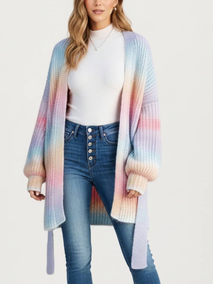 Long Sleeve Soft Knit Open Front Cardigan with Ribbed Texture, Relaxed Draped Fit and Cozy Balloon Sleeves for wholesale by Anna Kaci Wholesale