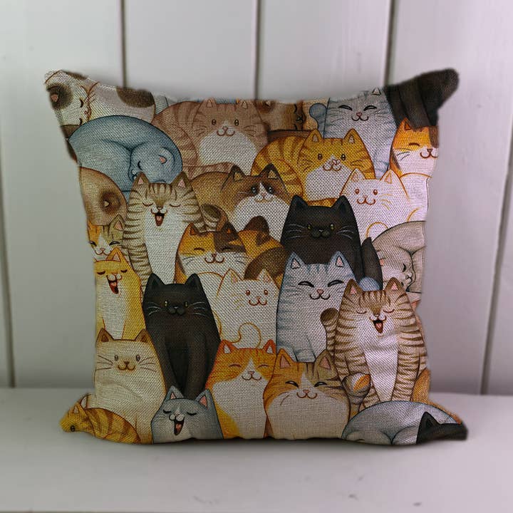 Funda de cojín de lino con estampado de gatos y gatos para venta al por mayor de Hills Of Fabric