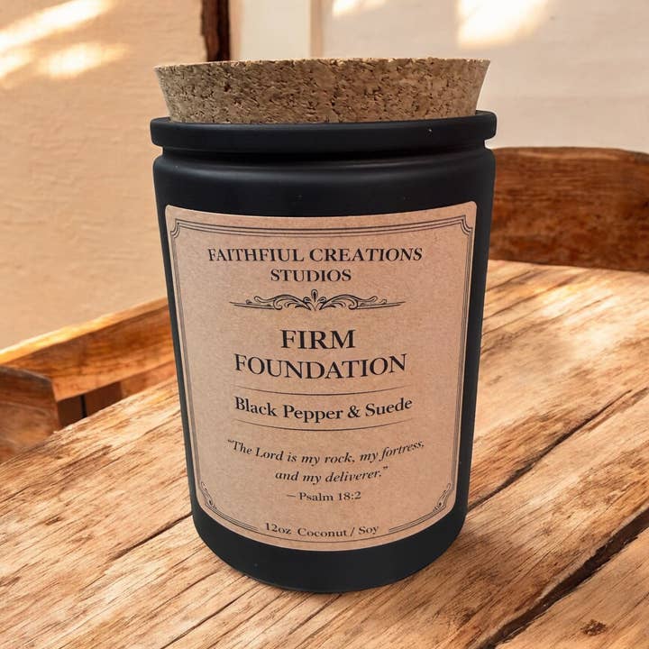 Firm Foundation – Black Pepper & Suede Candle for wholesale by Faithful Creations Studios | Candles