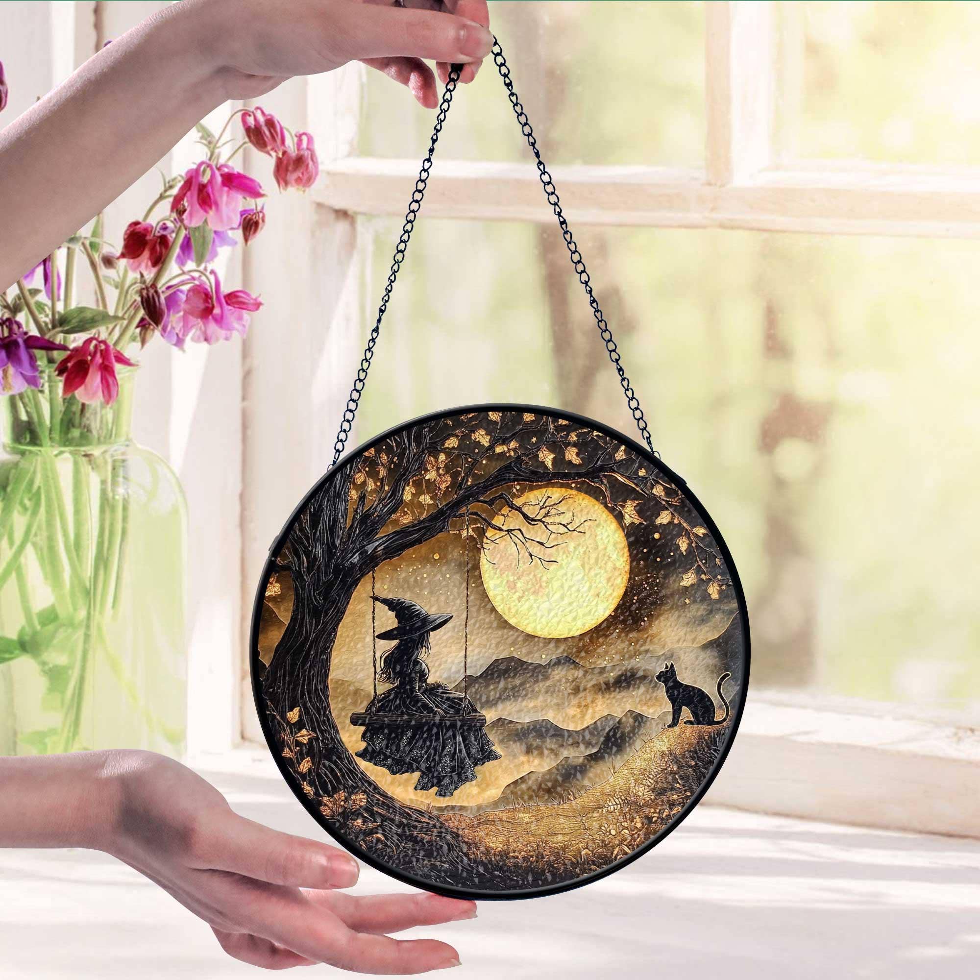 NVC Ecommerce LLC - Wholesale Suncatcher - Black Cat And Witch Suncatcher, Spooky Ornament, Halloween
1