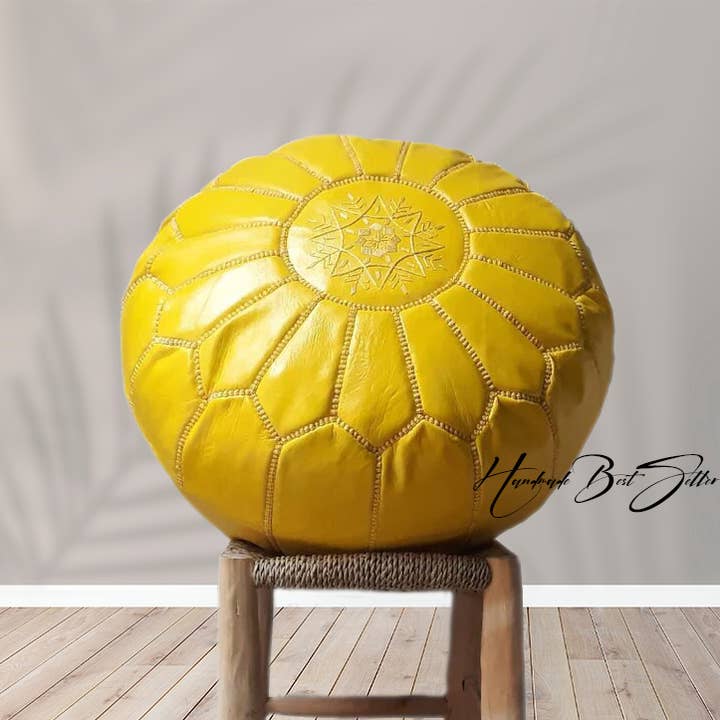 HandmadeBestSeller - Wholesale Pouf - Moroccan Leather Pouf ( Yellow ) unfilled1