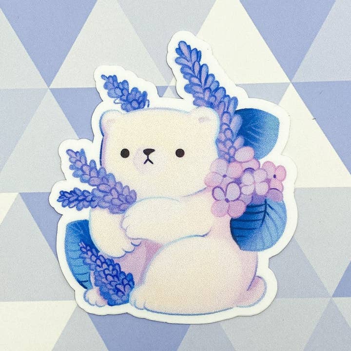 Urso Polar com Alfazema e Hortênsias | Vinil Matte Vinil Impermeável Single Sticker por atacado de Picnocline